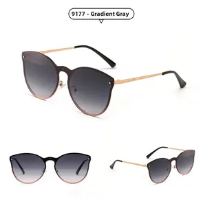 Three-angle views of rimless cat-eye sunglasses with gradient grey lenses and metal temples
