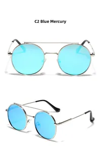 Detailed front and side view of silver metal aviator sunglasses with blue mercury lenses