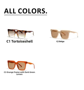 Detailed view of square sunglasses in tortoiseshell, beige and orange frames with gradient lenses