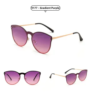 Detailed views of gradient purple rimless sunglasses with gold metal temples, model 9177