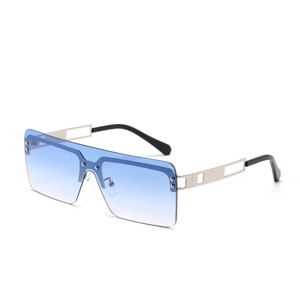 Frameless oversized square sunglasses with blue gradient lenses and silver metal temples