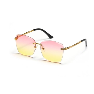 Frameless oversized square sunglasses with pink gradient lenses and gold chain temples