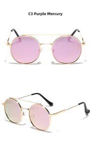 Detail view of double bridge metal sunglasses with purple mirror lenses and gold frame