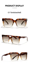 Detailed views of tortoiseshell square sunglasses with metal rivets and gradient lenses