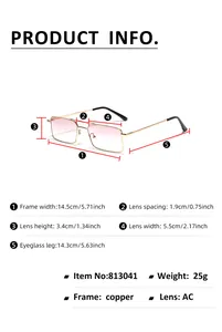 Detailed size chart for rectangular metal sunglasses with precise frame measurements