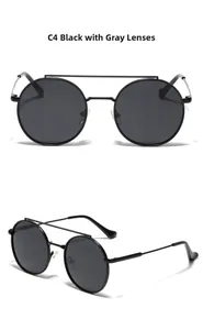 Close-up of retro double-bridge metal sunglasses with C4 black frames and grey lenses