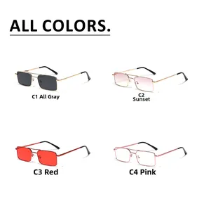 Collection of rectangle sunglasses in gold, red and pink frames with various lens tints
