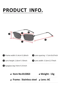 Guide des tailles de lunettes de soleil carrées sans monture avec dimensions en cm