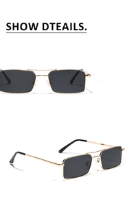 Macro detail of rectangle sunglasses showing double bridge and golden metal frame features