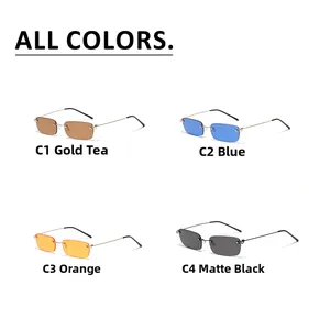 Détail de quatre lunettes de soleil rectangles sans monture en or, bleu, orange et noir