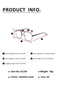 Detailed size chart for vintage metal double bridge glasses with frame measurements
