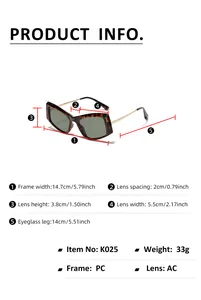 Size chart for oversized cat eye sunglasses showing frame dimensions and AC lens specs