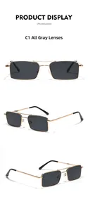 Detailed views of gold rectangular metal sunglasses with dark gray lenses from multiple angles