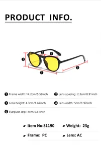 Detailed size chart for oversized pilot sunglasses showing frame dimensions and PC material