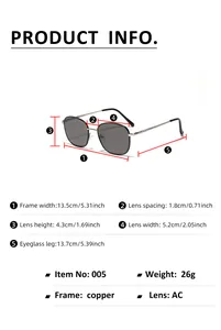 Detailed size chart for square metal sunglasses showing frame width and lens dimensions