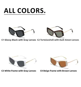 Detailed grid display of cat-eye sunglasses in black, tortoise, white, and beige colors