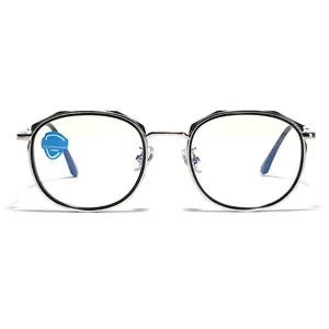 Black and silver TR90 metal polygon frame glasses with anti-blue light and UV400 lenses