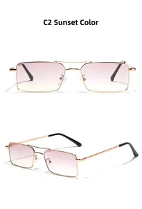 Detail of rectangular metal frame sunglasses with sunset gradient lenses and double bridge