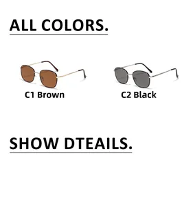 Detailed close-up showing square metal sunglasses in classic brown and black frames