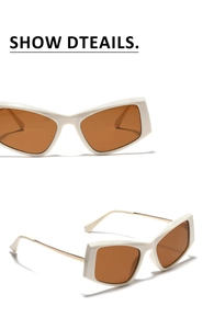 Detailed view of white cat-eye sunglasses frames with golden metal hinges and CE markings