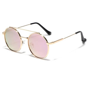 Retro double bridge metal sunglasses with pink mirror lenses and gold frame for men and women