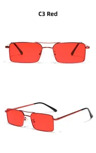 Front and side view of C3 red rectangular sunglasses with vintage metal double bridge