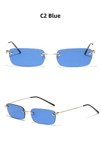 Lunettes de soleil rectangulaires sans monture bleues avec branches dorées fines