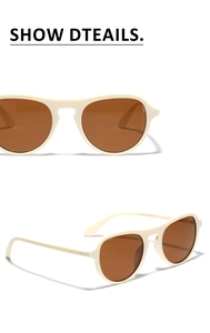 Detail view of cream resin aviator sunglasses with brown lenses and temple specifications