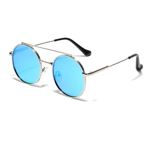 Retro double bridge metal sunglasses with blue lenses and silver frame in 45-degree view