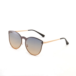 Frameless cat-eye sunglasses with blue to amber gradient lenses and gold rivets