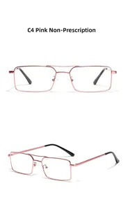 Detail of rose pink rectangular metal frame glasses with double bridge and black tips