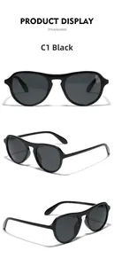 Three-view display of black oversized aviator sunglasses showing frame details and CE logo