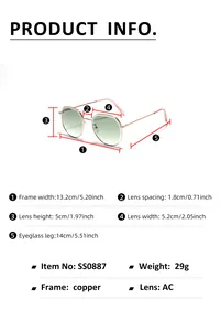 Guide des tailles indiquant les dimensions des lunettes de soleil en métal SS0887