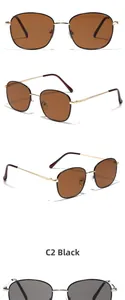 Detailed views of square metal sunglasses with gold frames and tinted lenses from three angles