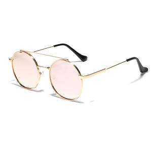 Retro double bridge metal sunglasses with pink round lenses and golden frame for unisex