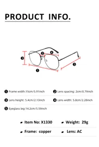 Size chart showing large square metal frame glasses dimensions and material parameters