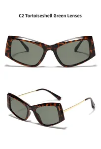Detail view of cat eye sunglasses with tortoise frames and golden metal temples