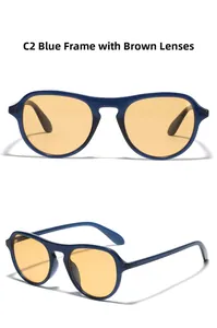 Detail view of C2 aviator sunglasses featuring blue frames and brown tinted lenses