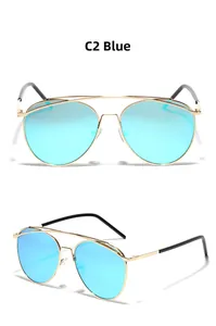 Front and side view of gold metal pilot sunglasses with blue reflective mirror lenses