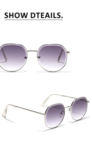 Détails de lunettes géométriques en métal argenté avec verres dégradés violets et plaquettes