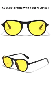 Close-up of C3 retro aviator sunglasses with black frames and yellow night vision lenses