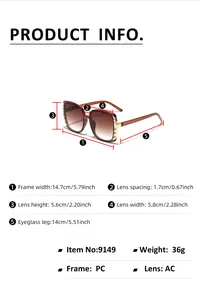 Detailed size chart for oversized square sunglasses with PC frame and AC lenses