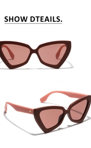 Detail view of burgundy cat eye sunglasses showing CE mark and frame specifications