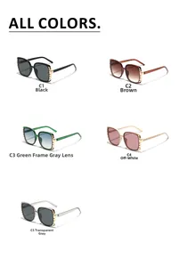 Flat lay of square sunglasses in five colors with metallic temple gold accents