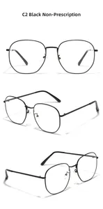 Detailed views of thin black metal oversized square frame glasses with adjustable nose pads