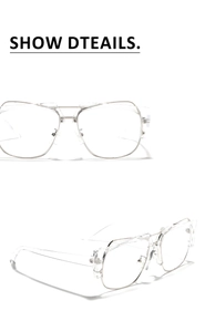 Vue détaillée de lunettes pilotes transparentes avec structure à double pont en métal argenté