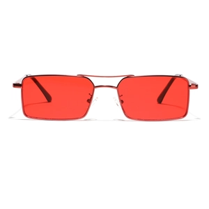 Retro rectangle sunglasses with red metal frame and dual-bridge industrial style design