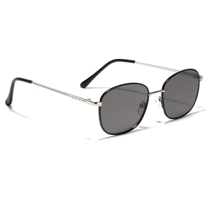 Classic square black sunglasses with silver metal temples and dark grey lenses for men and women