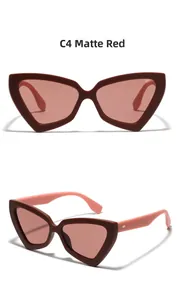 Macro detail of oversized cat-eye sunglasses in matte red finish with pink temple arms