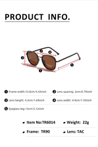Detailed technical specifications and dimensions of TR90 polarized square sunglasses
